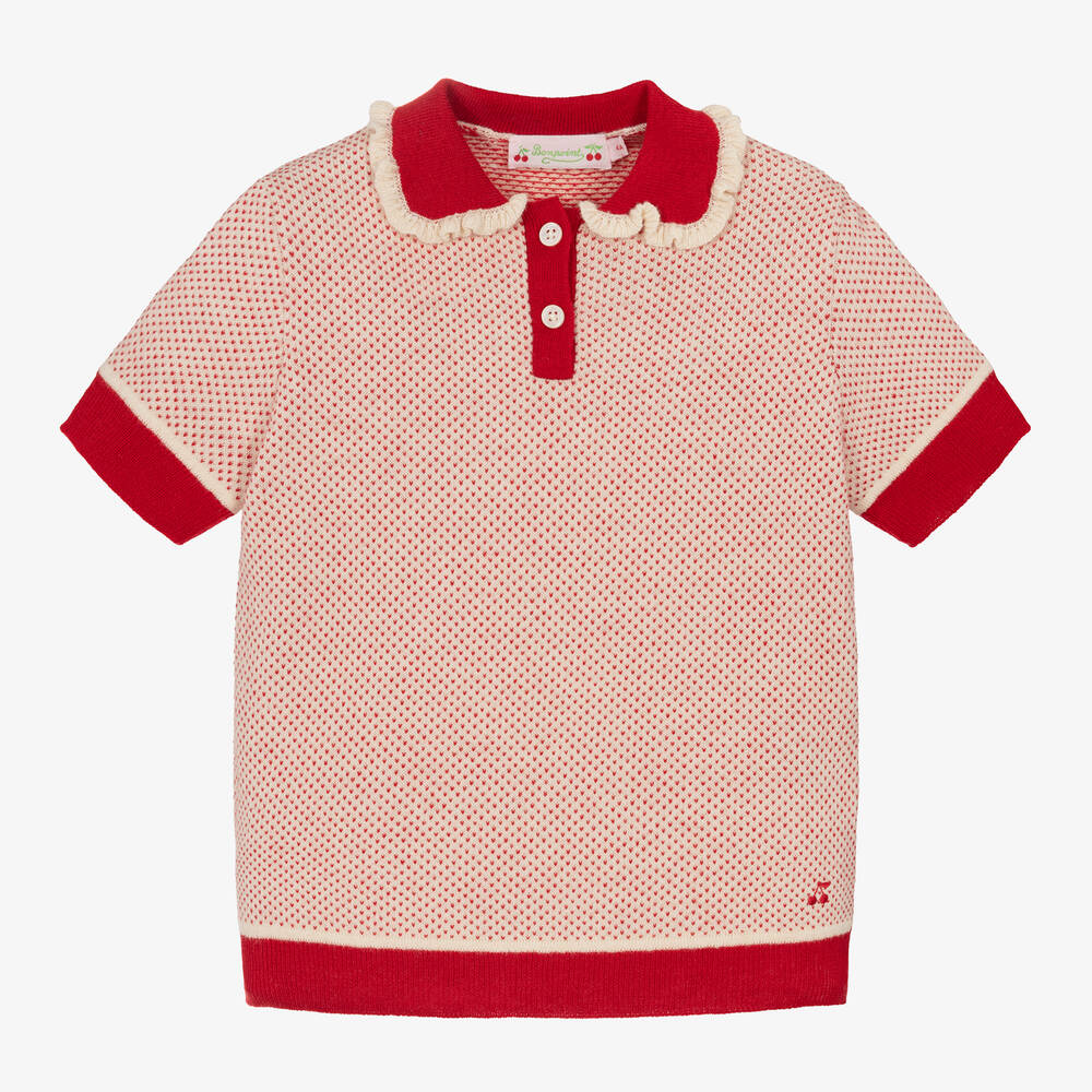 Bonpoint - Girls Red Wool & Cotton Knit Polo Shirt | Childrensalon