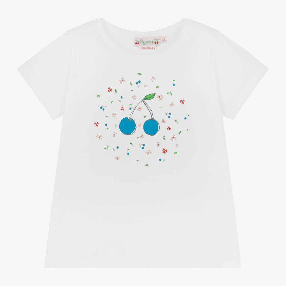 Bonpoint - Белая хлопковая футболка с вишенками для девочек | Childrensalon