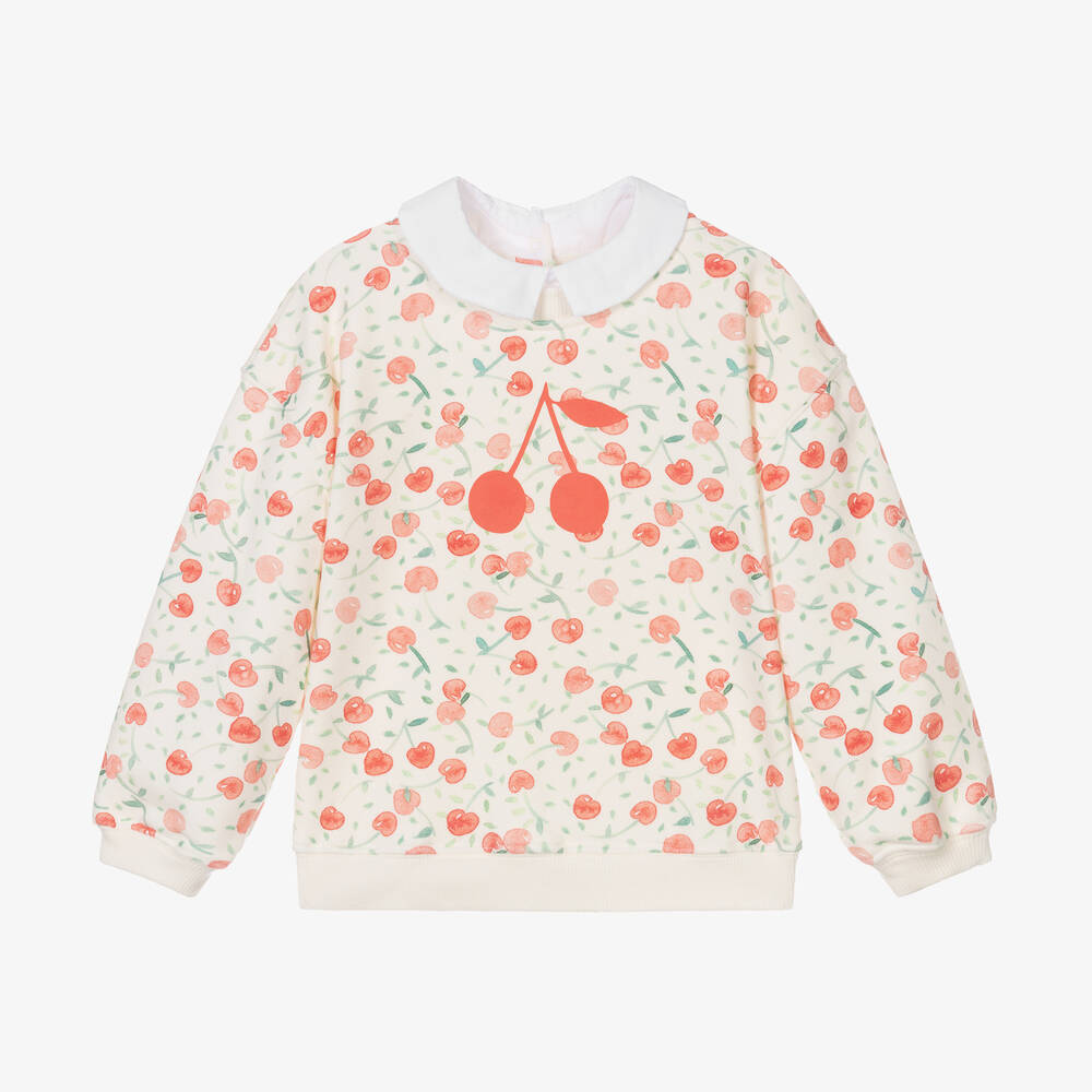Bonpoint - Girls White Cotton Cherry Sweatshirt | Childrensalon