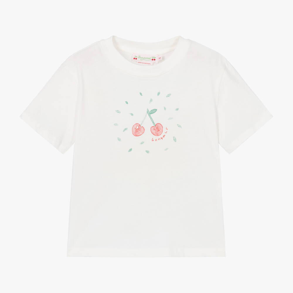 Bonpoint - Girls White Cotton Cherry T-Shirt | Childrensalon