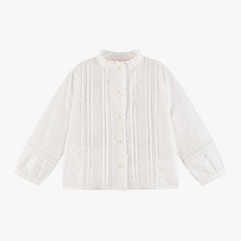 Bonpoint - Girls White Cotton Embroidered Blouse | Childrensalon