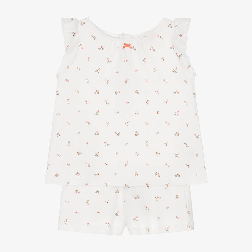 Bonpoint - Girls White Cotton Floral Pyjamas | Childrensalon