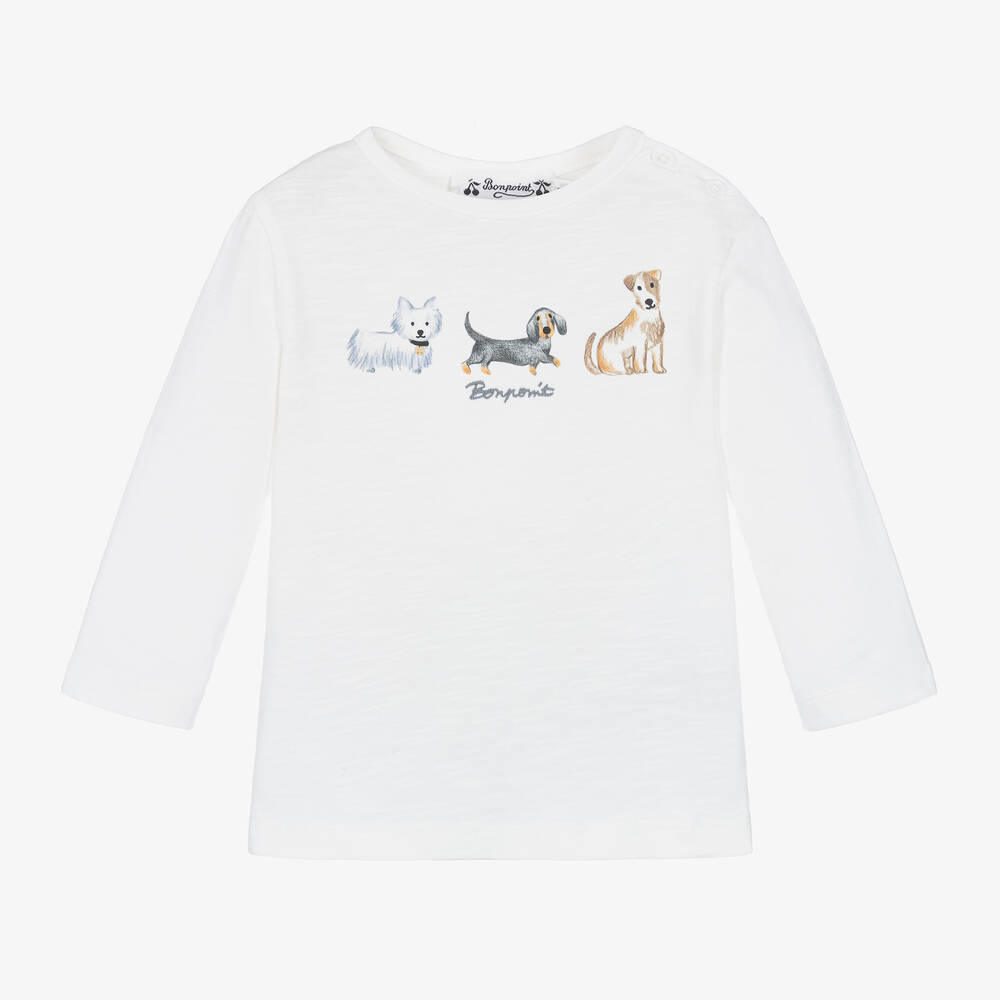 Bonpoint - Ivory Cotton Dog Print Top | Childrensalon