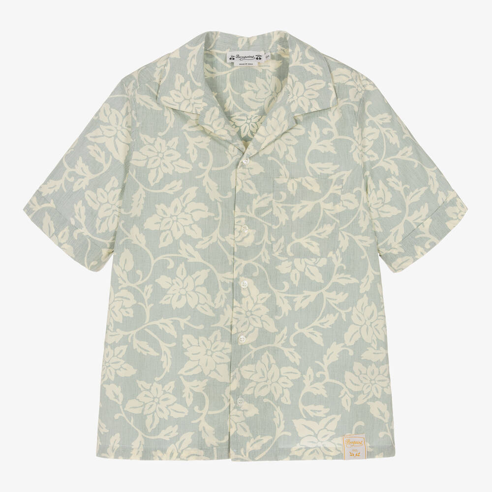 Bonpoint Teen Boys Green Floral Cotton Shirt
