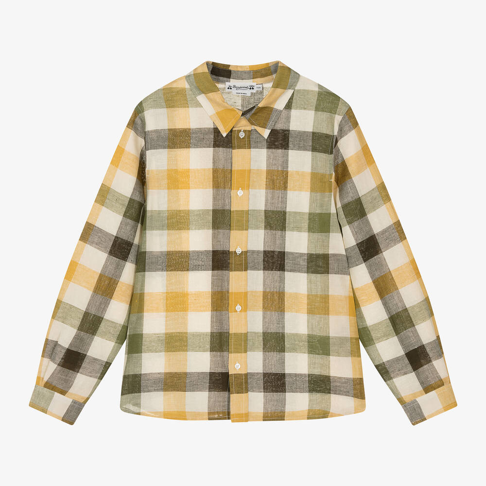 Bonpoint - Teen Boys Green Linen & Cotton Check Shirt | Childrensalon