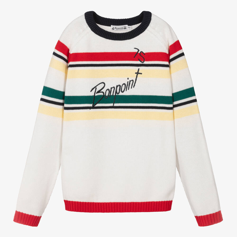 Bonpoint - Teen Boys Ivory Striped Cotton Knit Sweater | Childrensalon