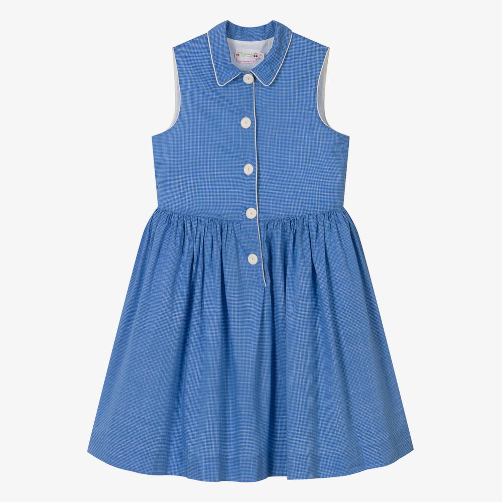 Bonpoint - Голубое хлопковое платье в клетку для девочек-подростков | Childrensalon