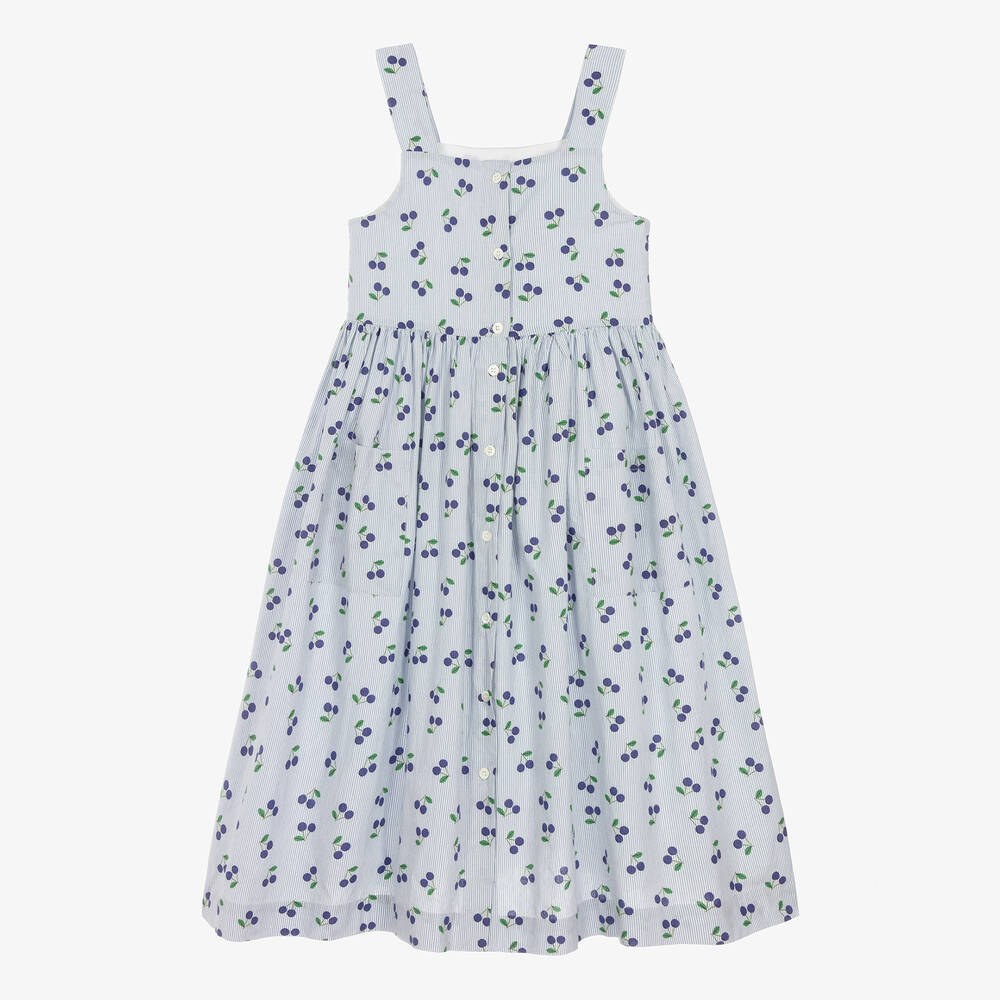 Bonpoint - فستان بطبعة الكرز مقلم قطن لون أزرق للمراهقات | Childrensalon