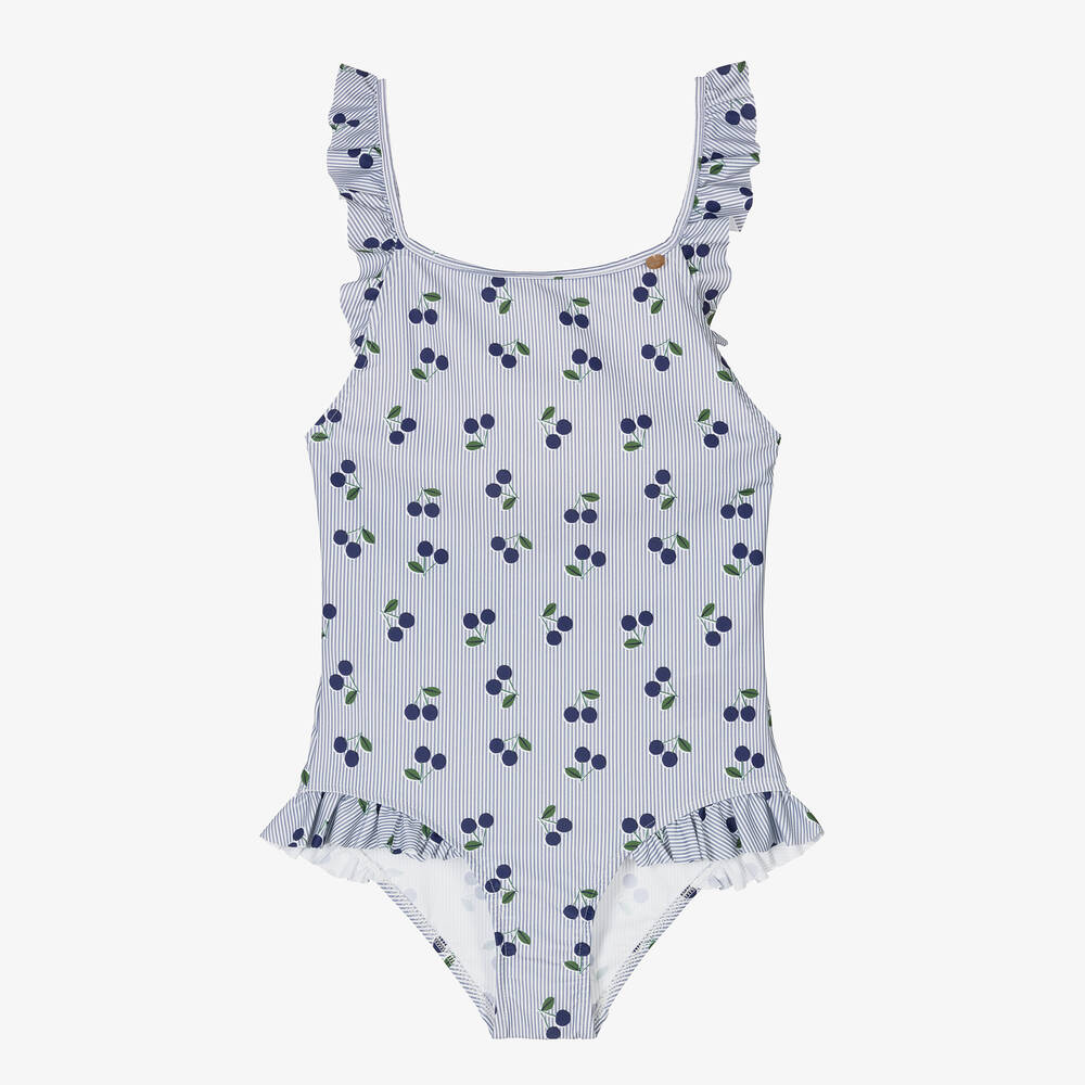 Bonpoint - Teen Girls Blue Stripe & Cherry Print Swimsuit  | Childrensalon