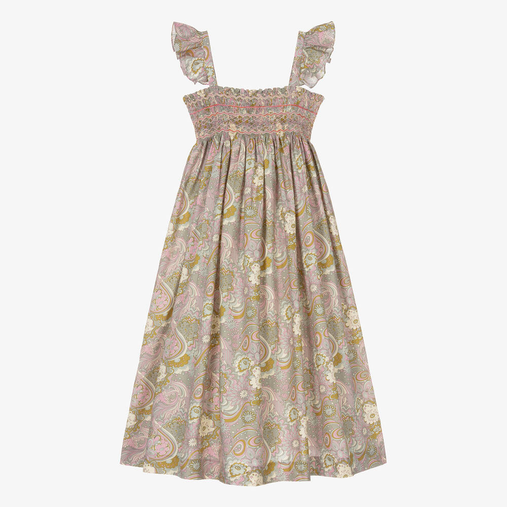 Bonpoint - Teen Girls Green Liberty Print Smocked Dress | Childrensalon
