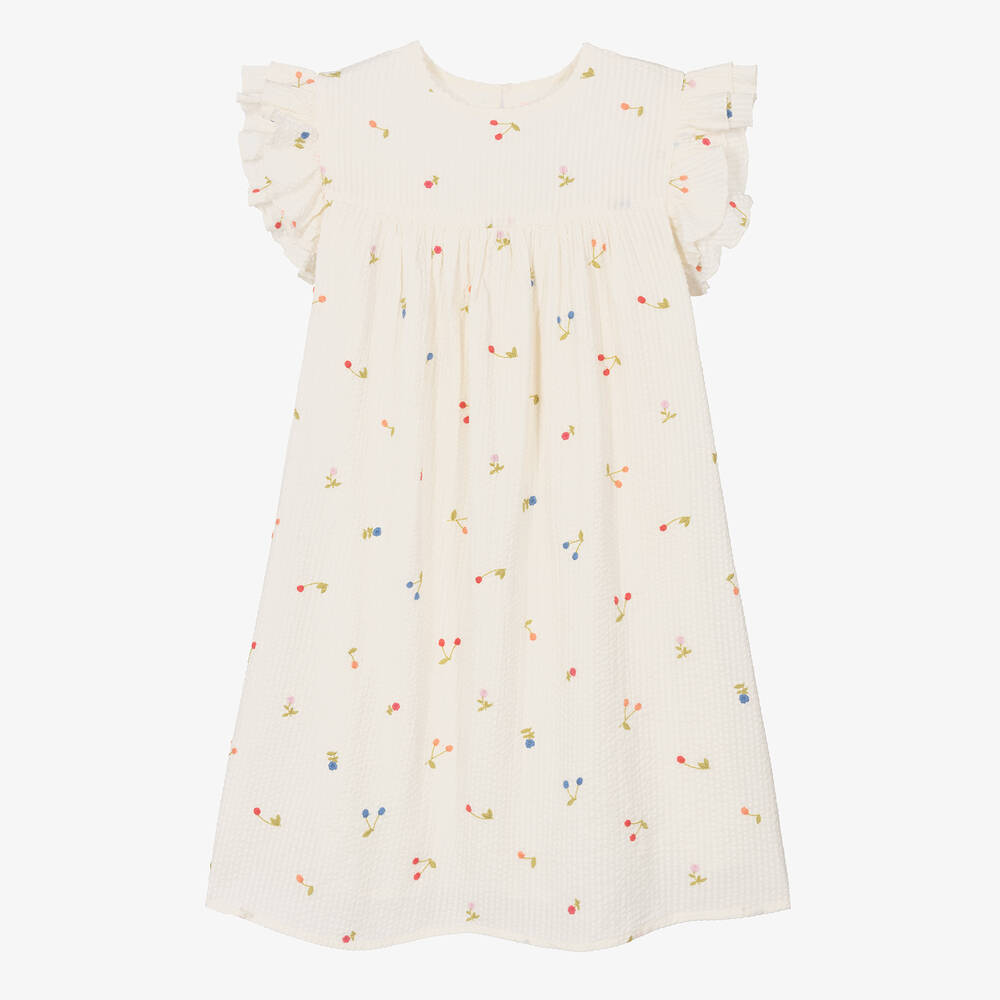 Bonpoint - Кремовое платье в тонкую полоску с вышивкой для подростков | Childrensalon