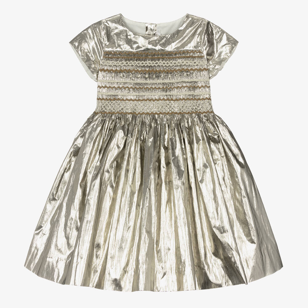 Bonpoint - Платье цвета золотистый металлик со сборками ручной работы | Childrensalon
