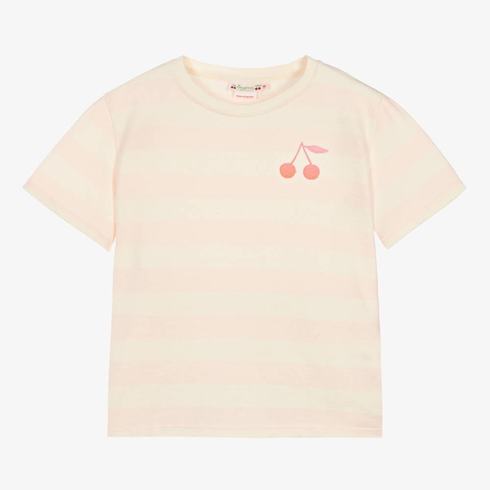 Bonpoint - Teen Girls Pink Stripe Cotton Cherry T-Shirt | Childrensalon