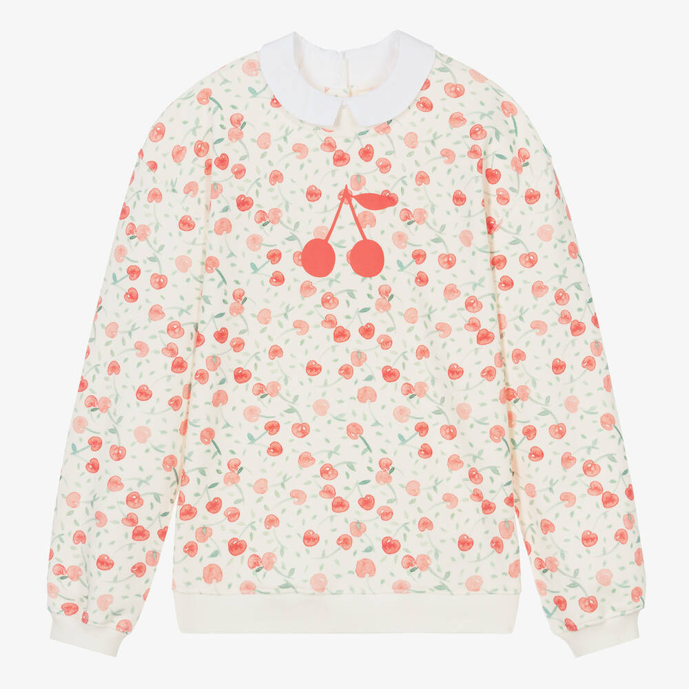 Bonpoint - Teen Girls White Cotton Cherry Sweatshirt | Childrensalon