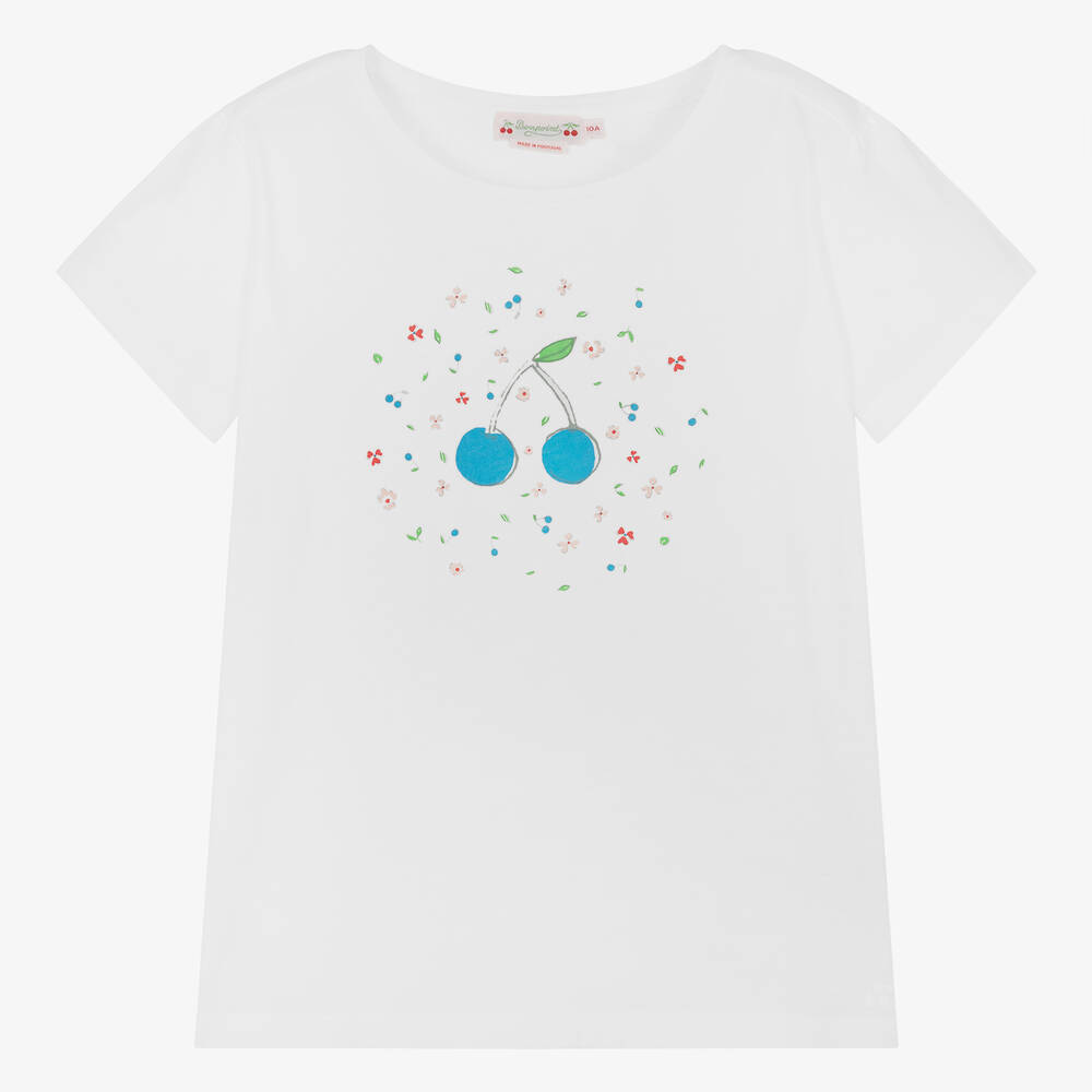 Bonpoint - Белая хлопковая футболка с вишенками для девочек-подростков | Childrensalon
