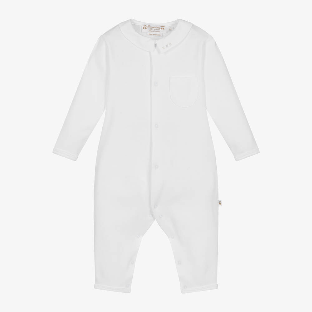 Bonpoint - White Embroidered Cotton Babygrow | Childrensalon