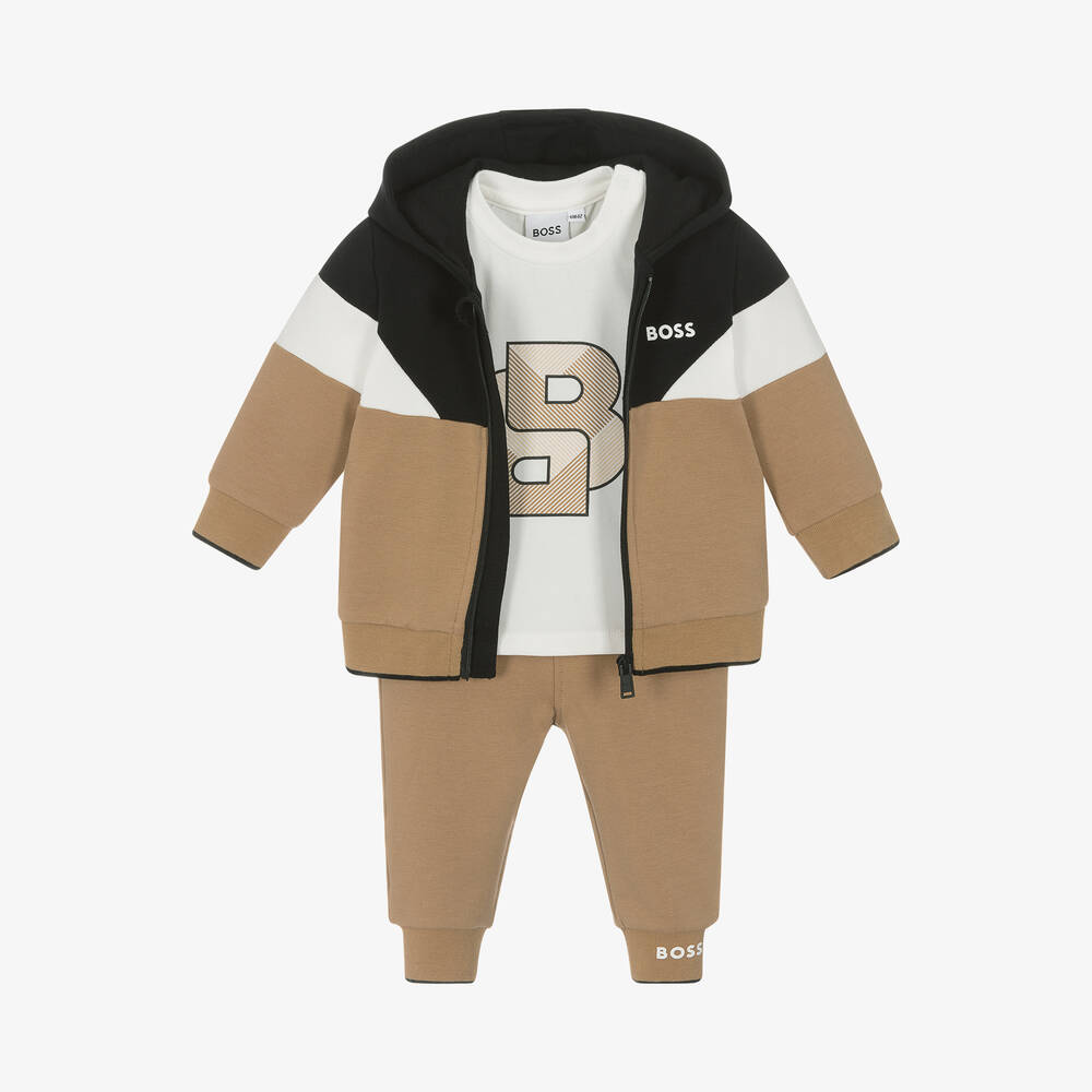 BOSS - Baby Boys Beige Cotton Tracksuit Set | Childrensalon