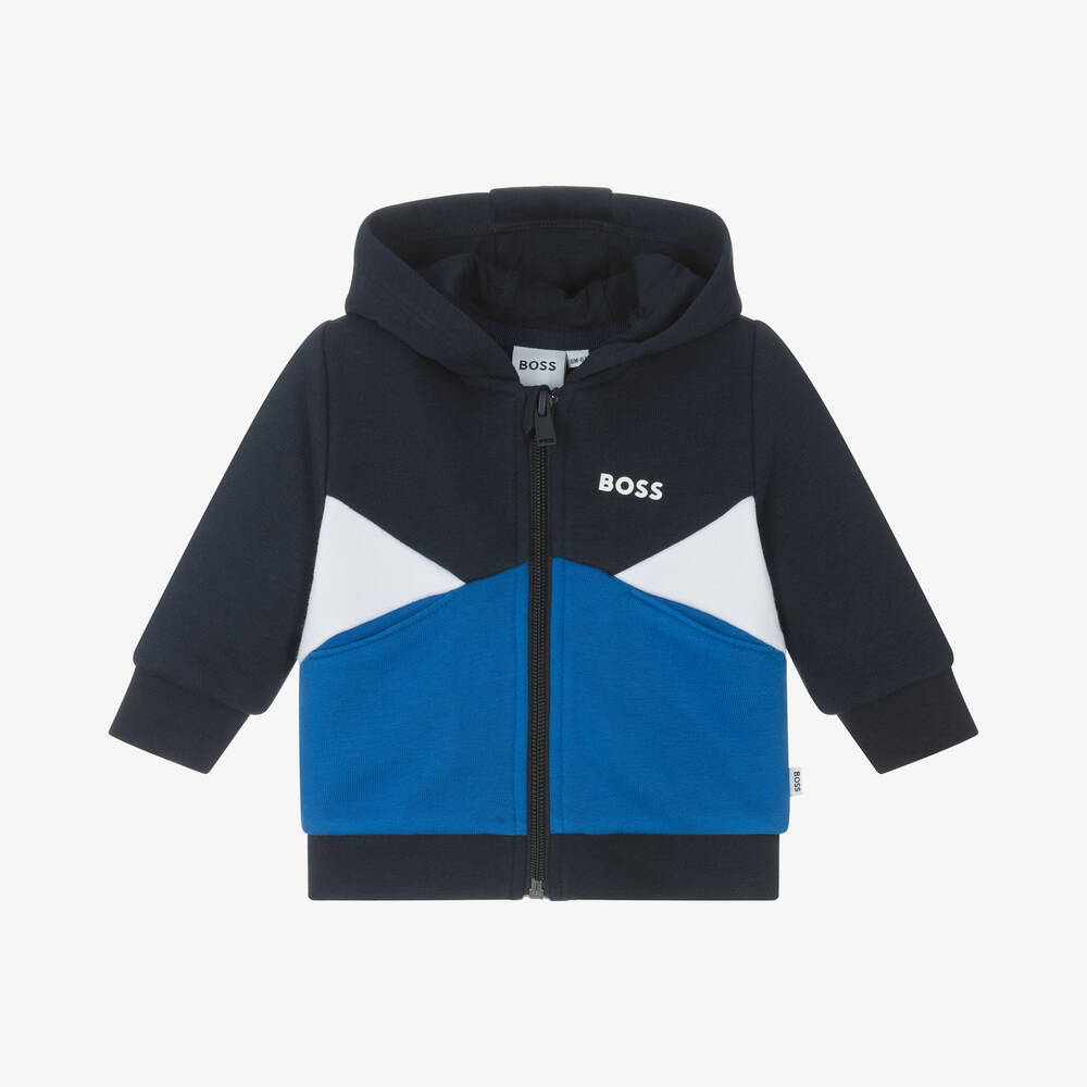 BOSS - Baby Boys Blue Colourblock Cotton Zip-Up Top | Childrensalon