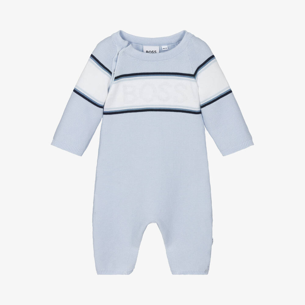 BOSS - Baby Boys Blue Cotton Knit Romper | Childrensalon