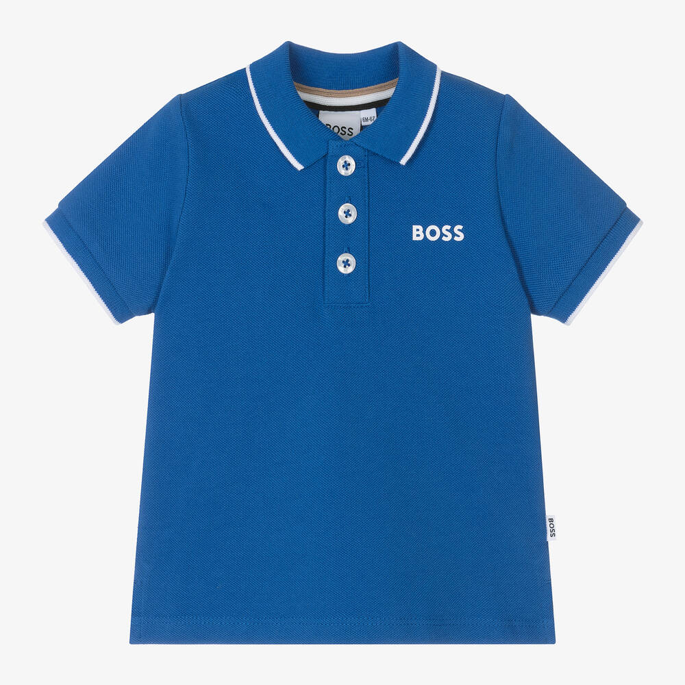 BOSS - Baby Boys Blue Cotton Polo Shirt | Childrensalon