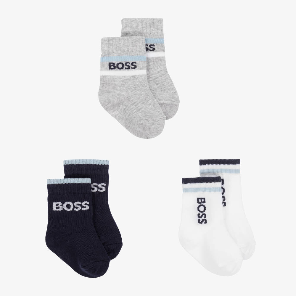 BOSS - Baby Boys Blue Cotton Socks (3 Pack) | Childrensalon