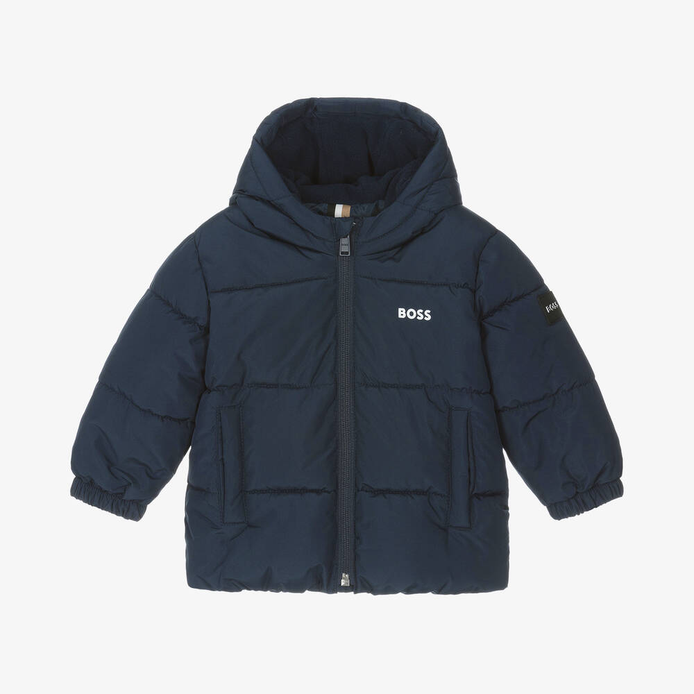 BOSS - Baby Boys Blue Hooded Puffer Coat | Childrensalon