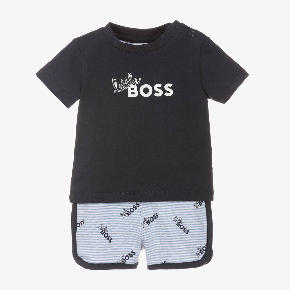 BOSS - طقم شورت قطن لون أزرق للمواليد | Childrensalon