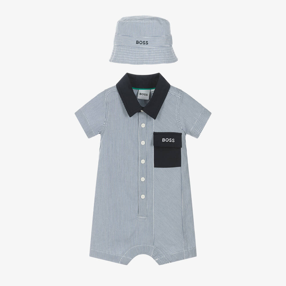 BOSS - Baby Boys Blue Stripe Cotton Babysuit Set | Childrensalon