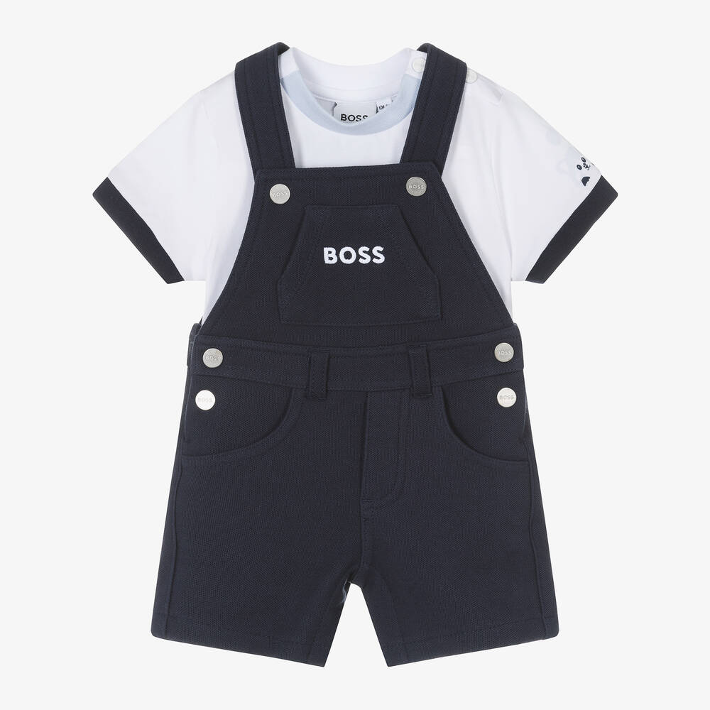 BOSS - Baby Boys Blue & White Dungaree Set | Childrensalon