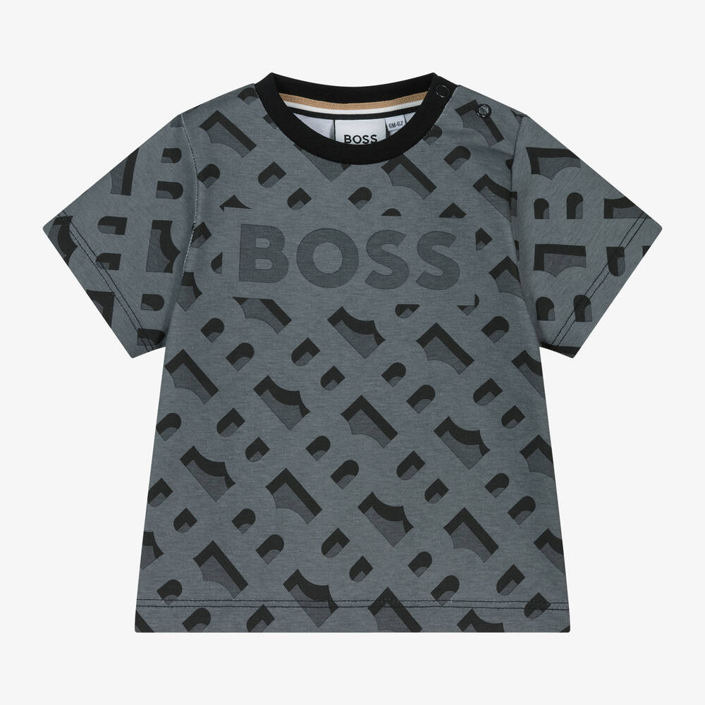 BOSS - Baby Boys Grey Cotton Monogram T-Shirt | Childrensalon