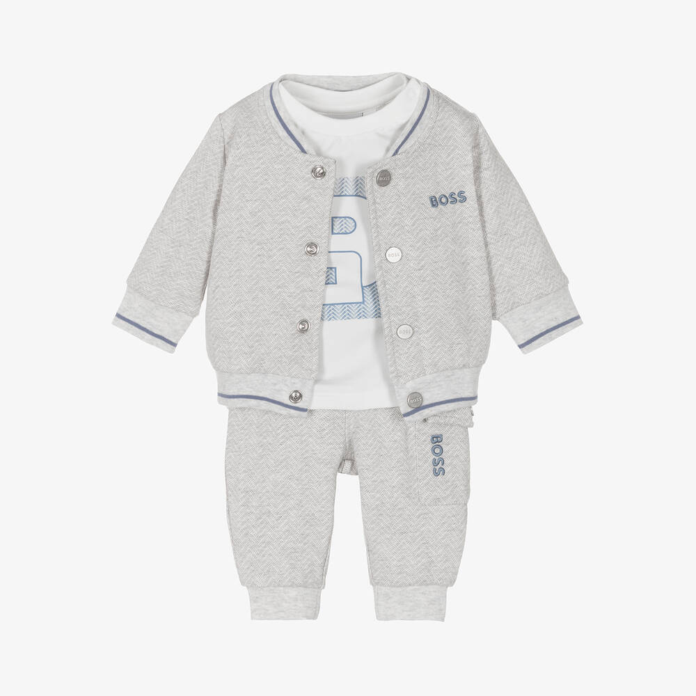 BOSS - Baby Boys Grey Cotton Tracksuit Set | Childrensalon