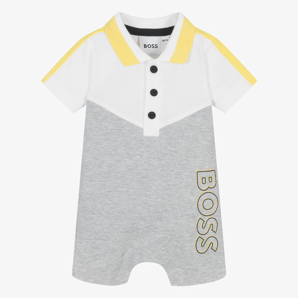 BOSS - Baby Boys Grey & White Cotton Shortie | Childrensalon