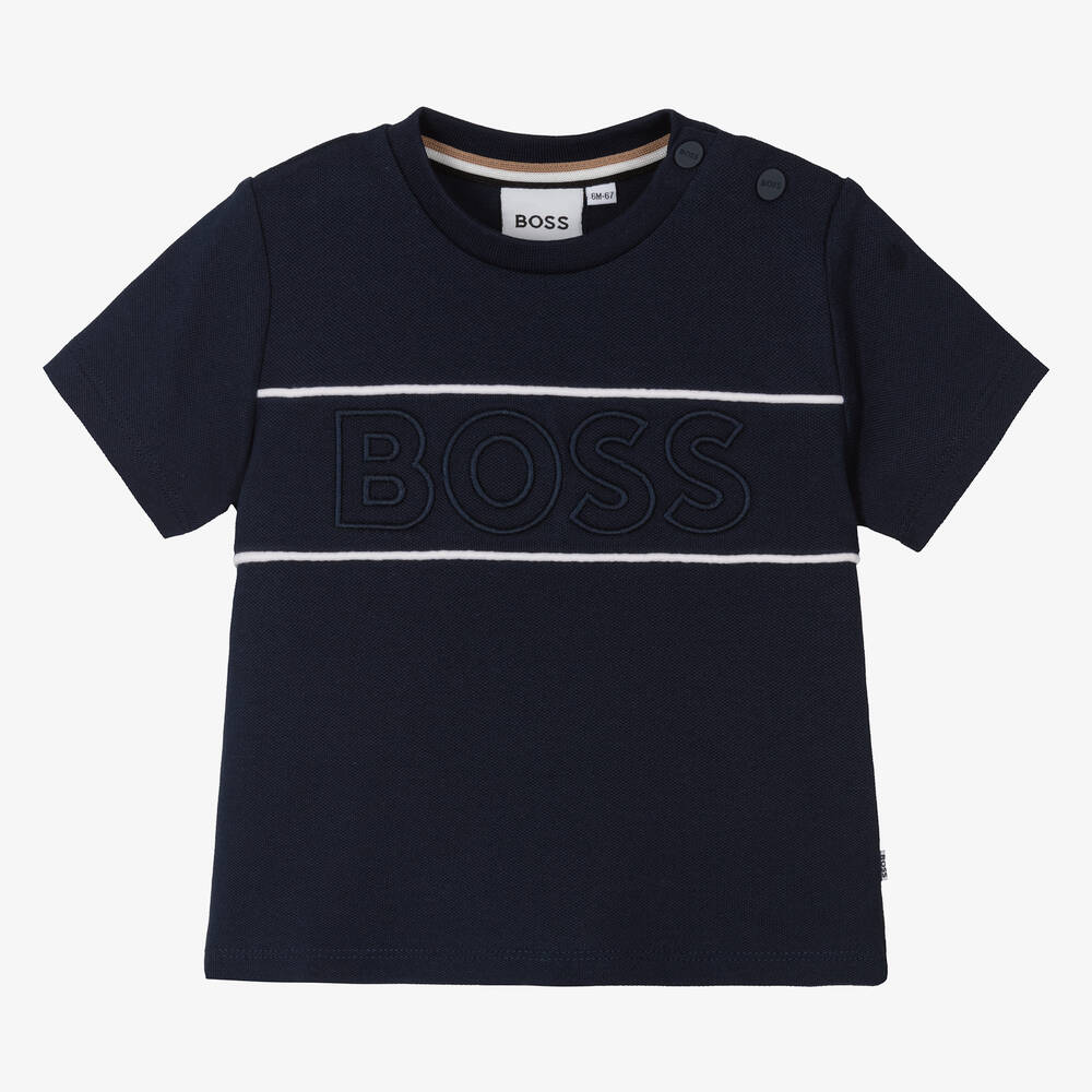 BOSS - Baby Boys Navy Blue Cotton Piqué T-Shirt | Childrensalon