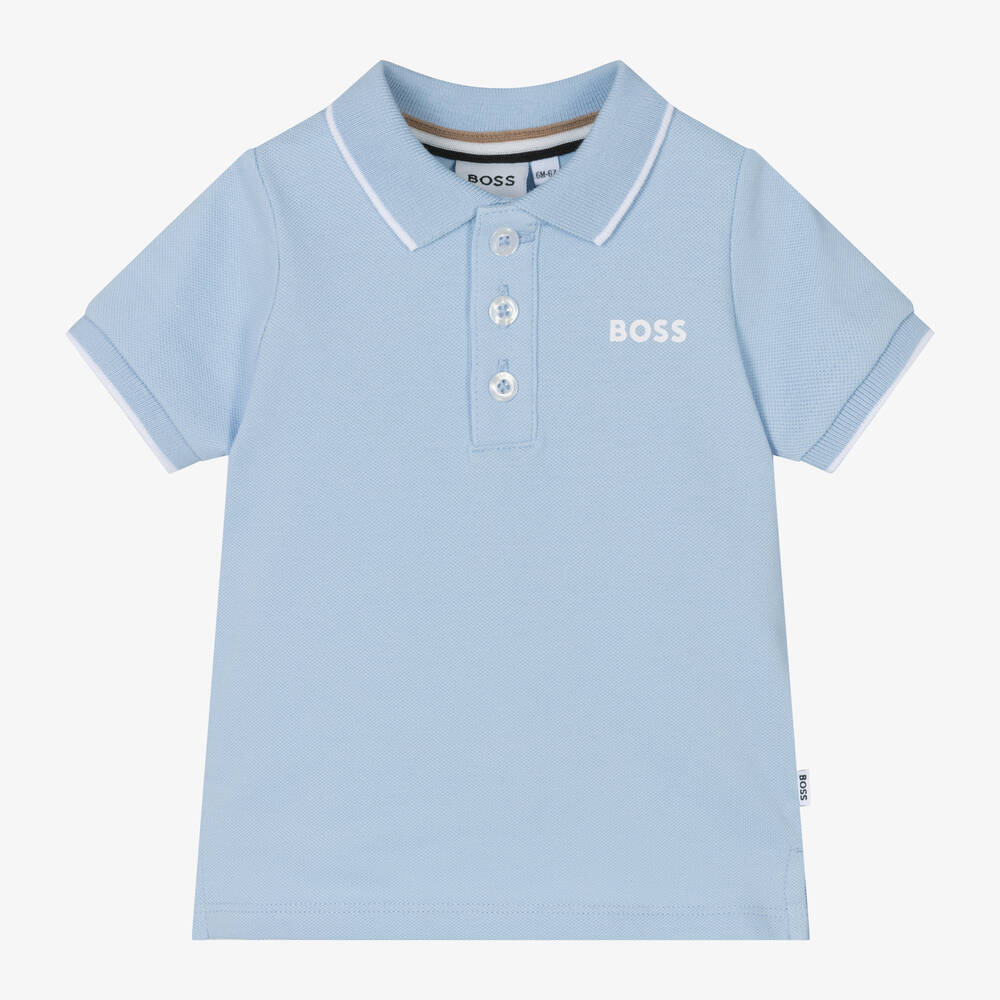 BOSS - Baby Boys Pale Blue Cotton Polo Shirt | Childrensalon