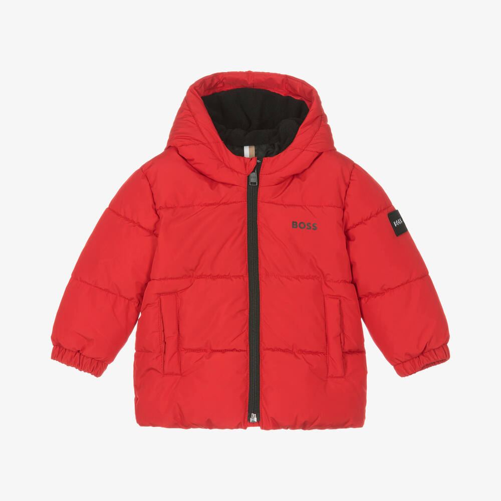 BOSS - Baby Boys Red Hooded Puffer Coat | Childrensalon