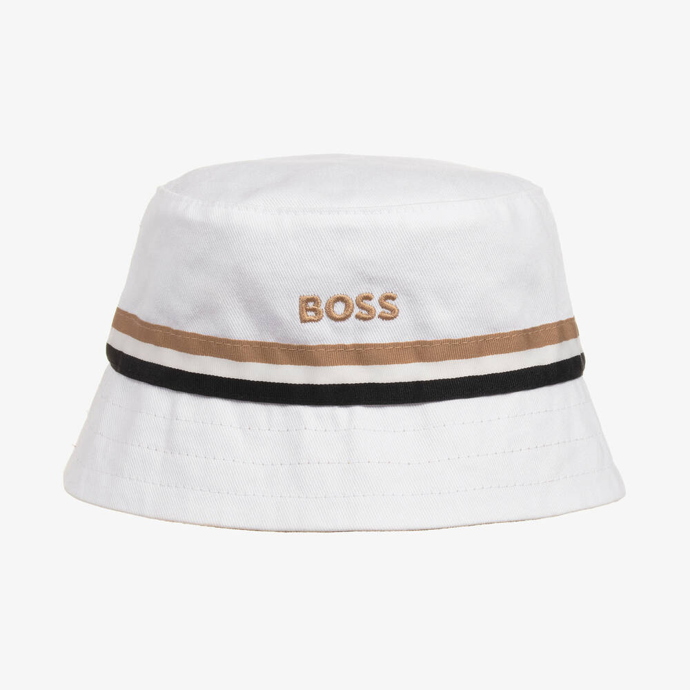 BOSS - قبعة بوجهين قطن تويل لون بيج وأبيض للمواليد | Childrensalon