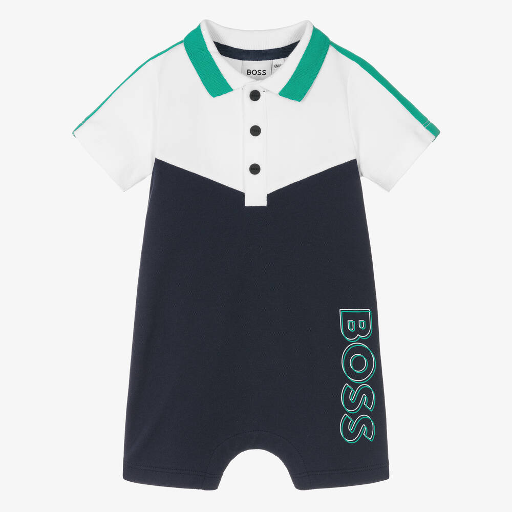 BOSS - Baby Boys White & Blue Cotton Shortie | Childrensalon