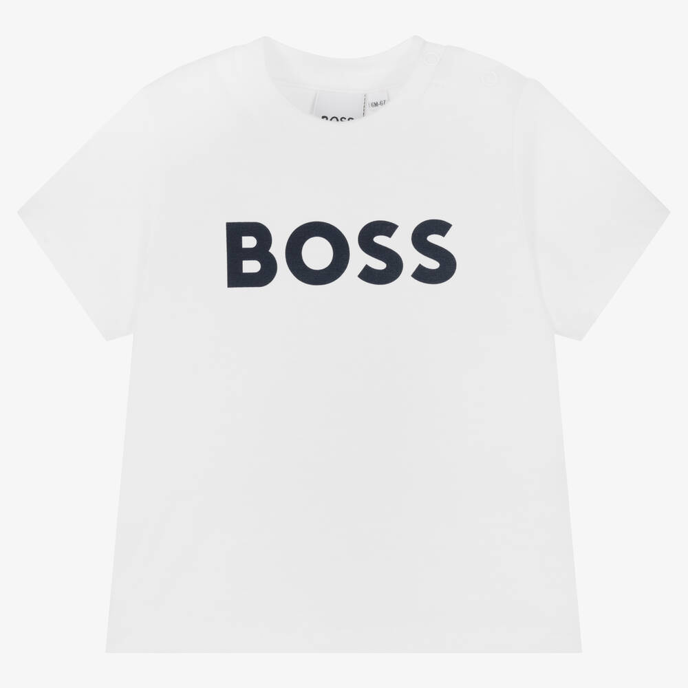 BOSS - T-shirt blanc en jersey de coton | Childrensalon