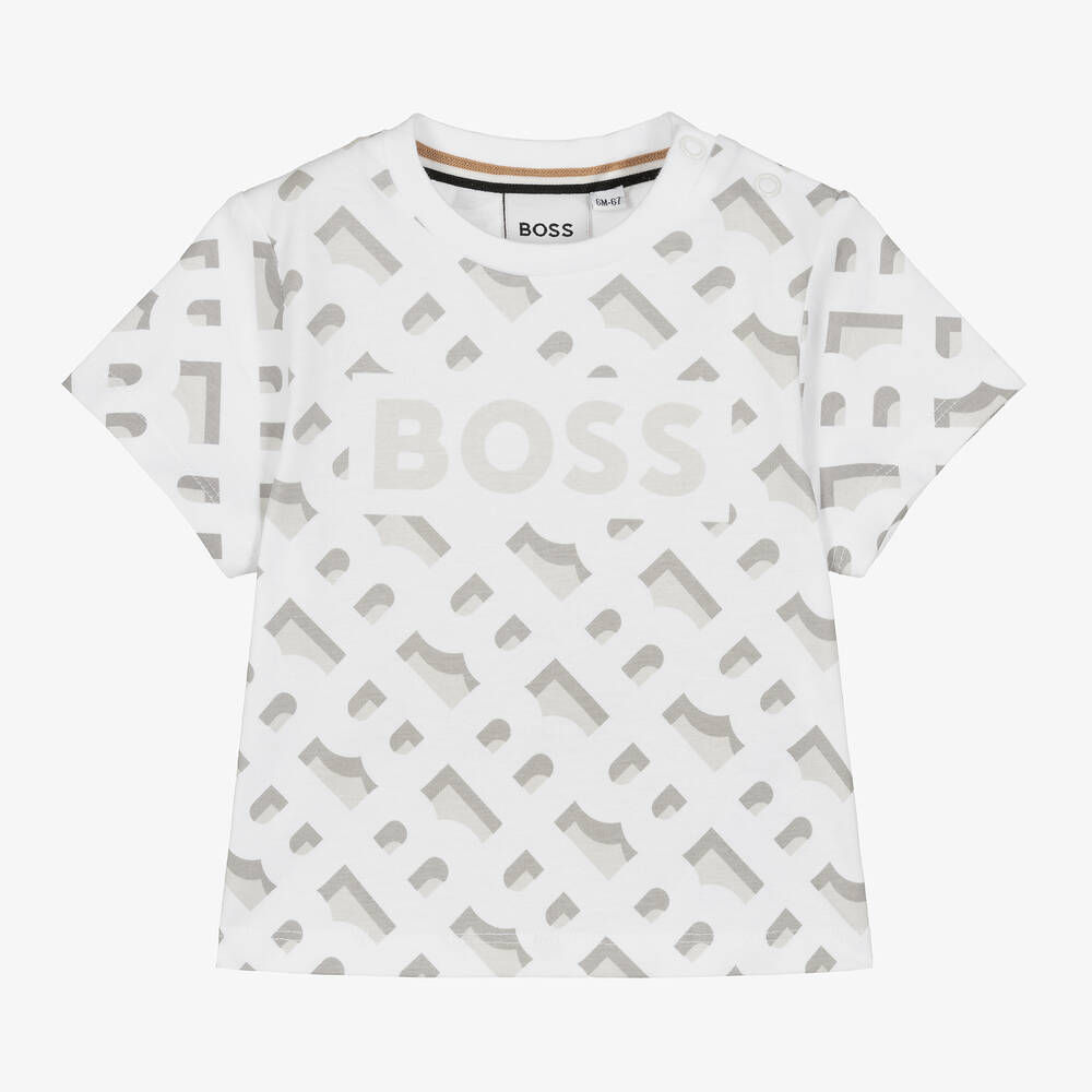 BOSS - Baby Boys White Cotton Monogram T-Shirt | Childrensalon