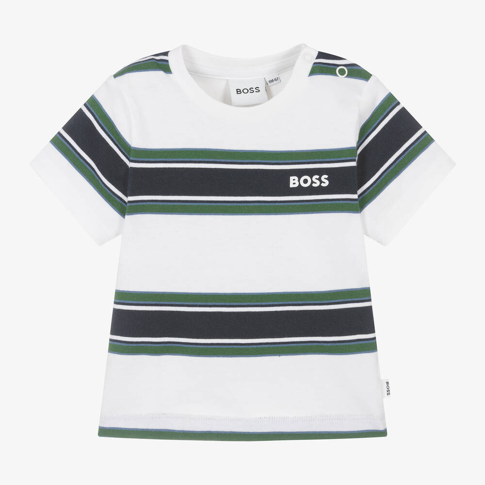 BOSS - Baby Boys White Cotton Striped T-Shirt | Childrensalon