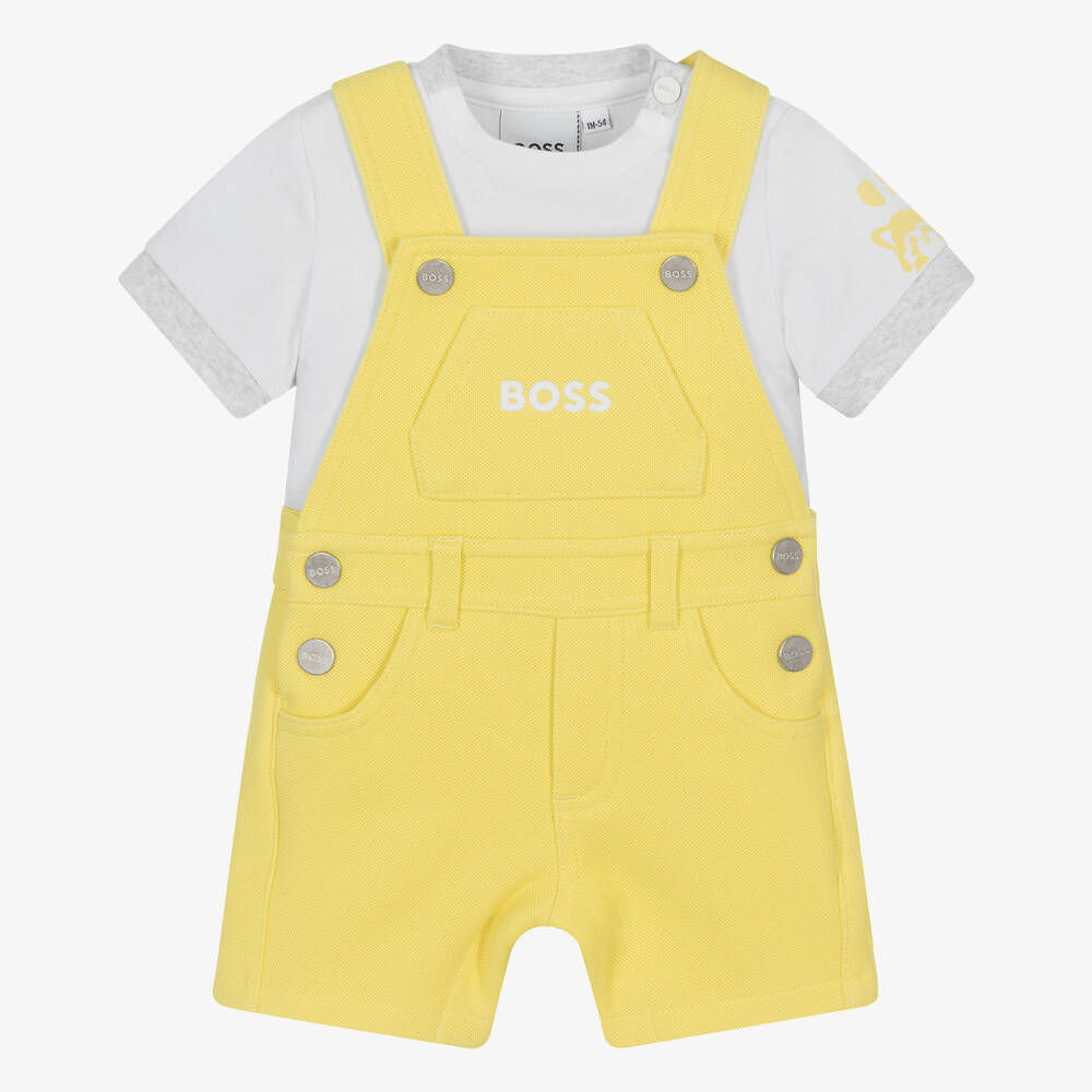 BOSS - طقم دانغريز قطن جيرسي لون أصفر وأبيض للمواليد | Childrensalon