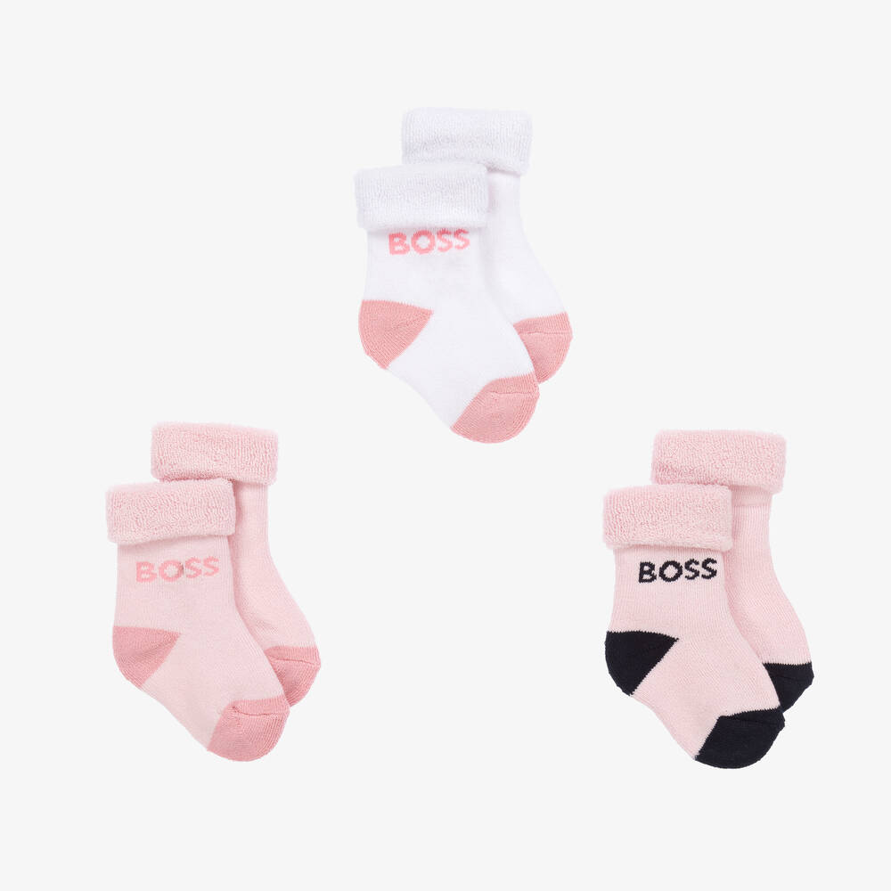 BOSS - Baby Girls Pink Cotton Socks (3 Pack) | Childrensalon