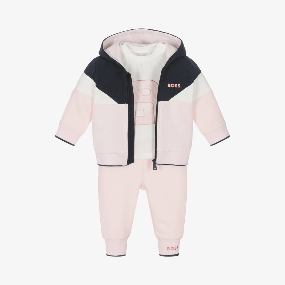 BOSS - Baby Girls Pink Cotton Tracksuit Set | Childrensalon