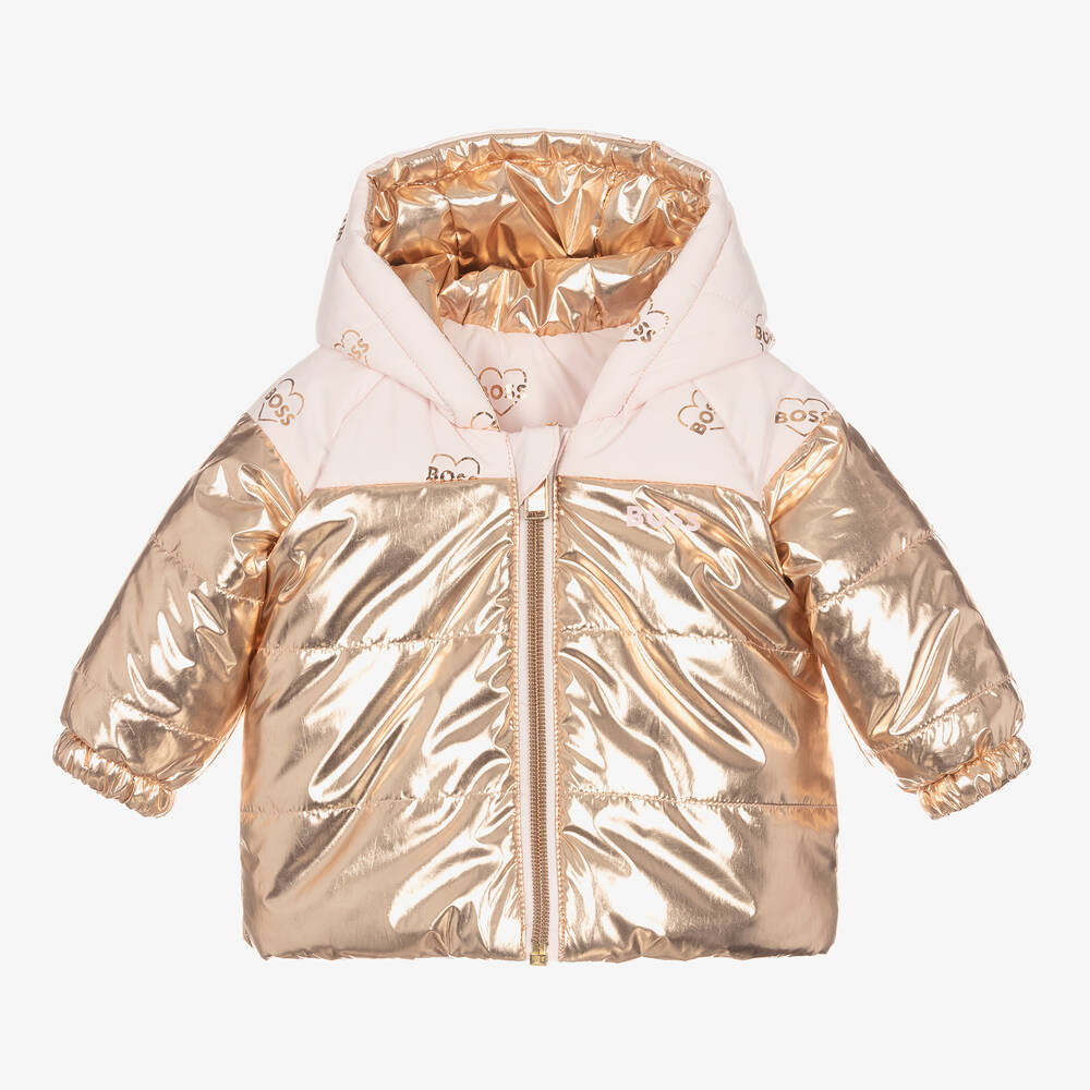 BOSS - Baby Girls Pink & Rose Gold Reversible Coat | Childrensalon