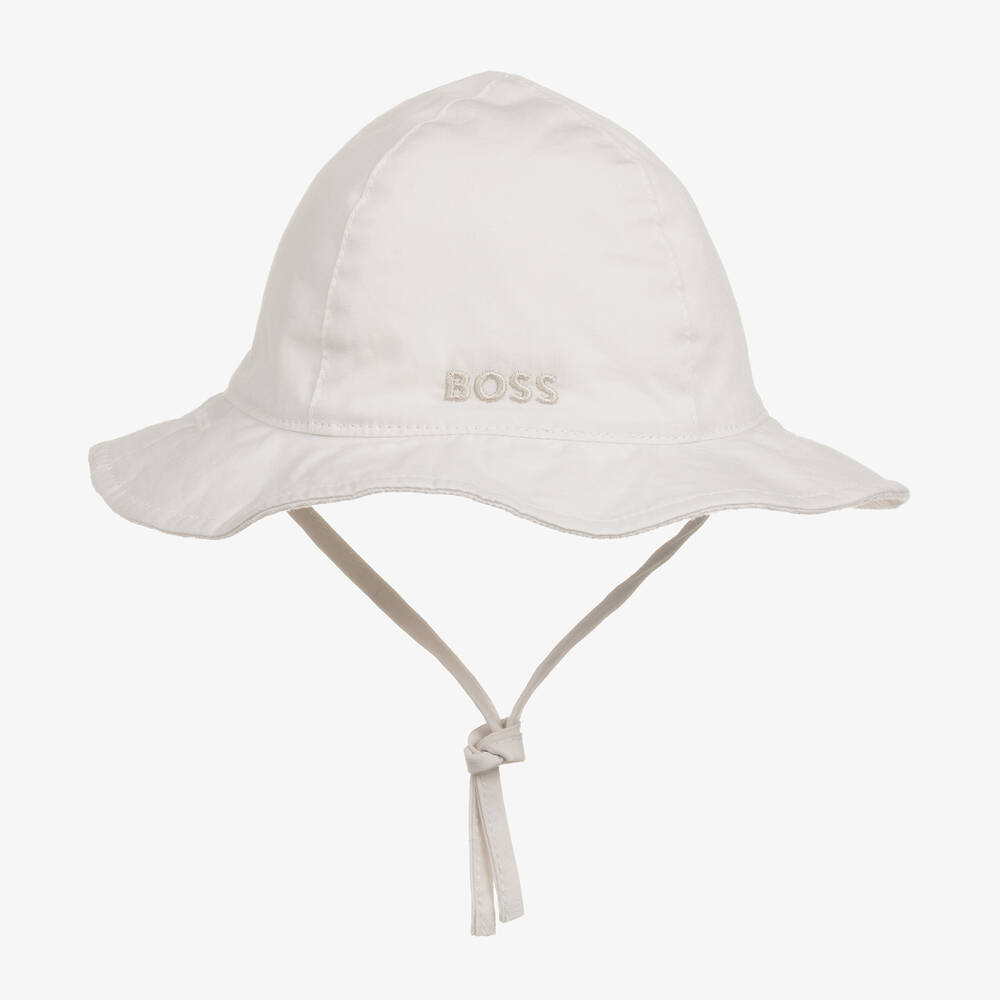 BOSS - قبعة بوجهين قطن بيكيه لون أبيض للمولودات | Childrensalon