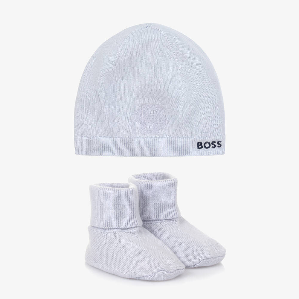 BOSS - Blue Cotton Hat & Booties Set | Childrensalon