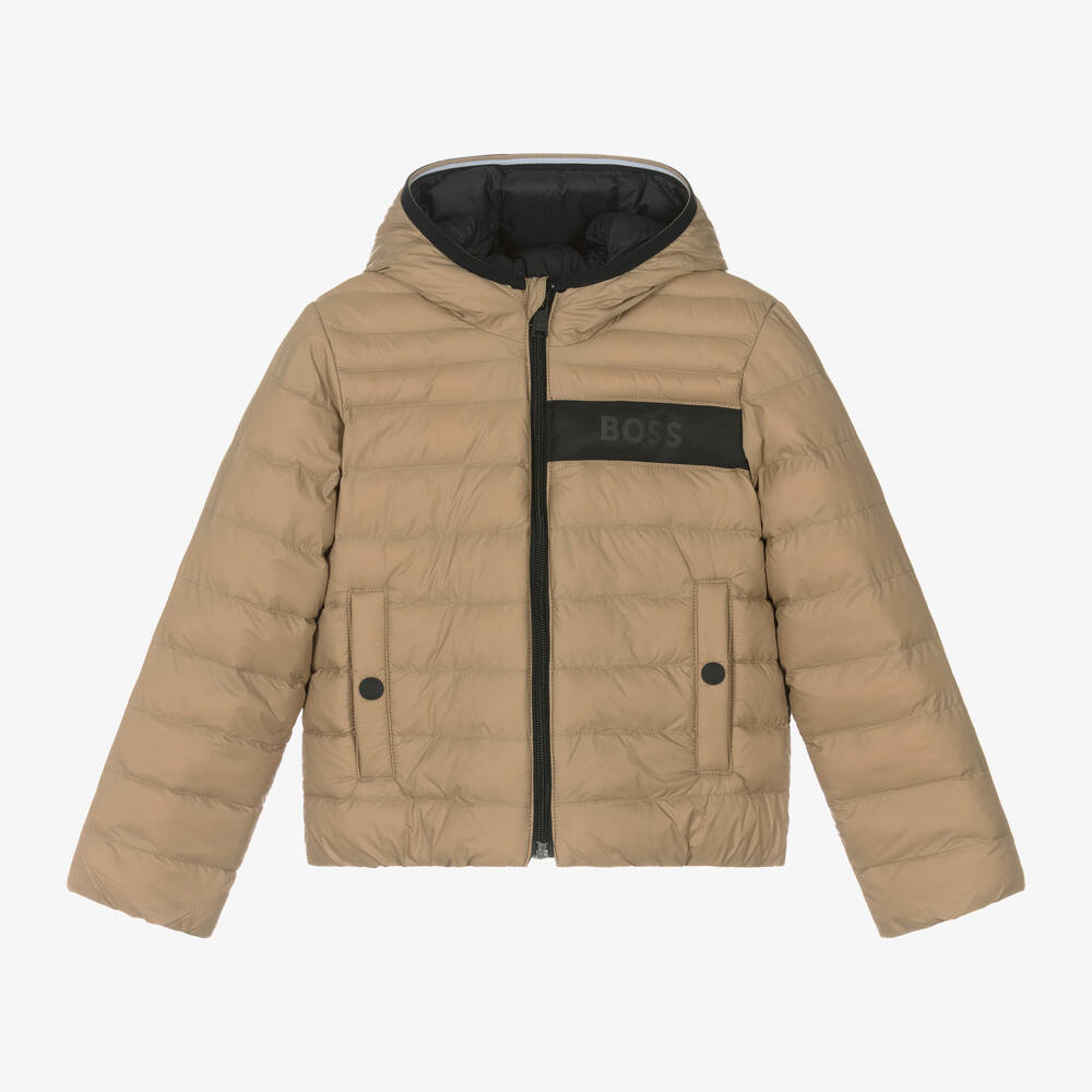 BOSS - Boys Beige & Black Reversible Puffer Jacket | Childrensalon