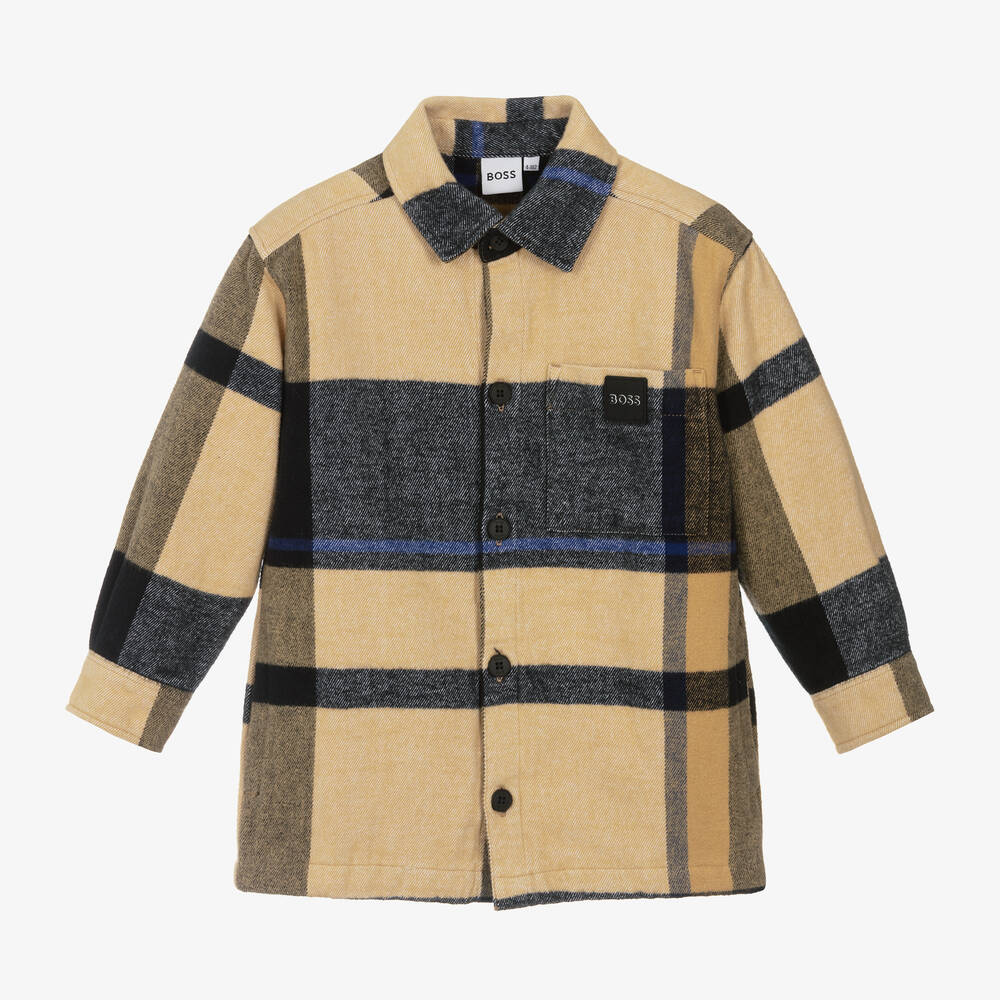 BOSS - Boys Beige Check Cotton Overshirt | Childrensalon