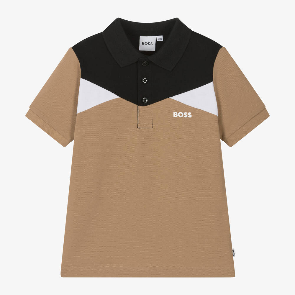 BOSS - Boys Beige Colour Block Cotton Polo Shirt | Childrensalon