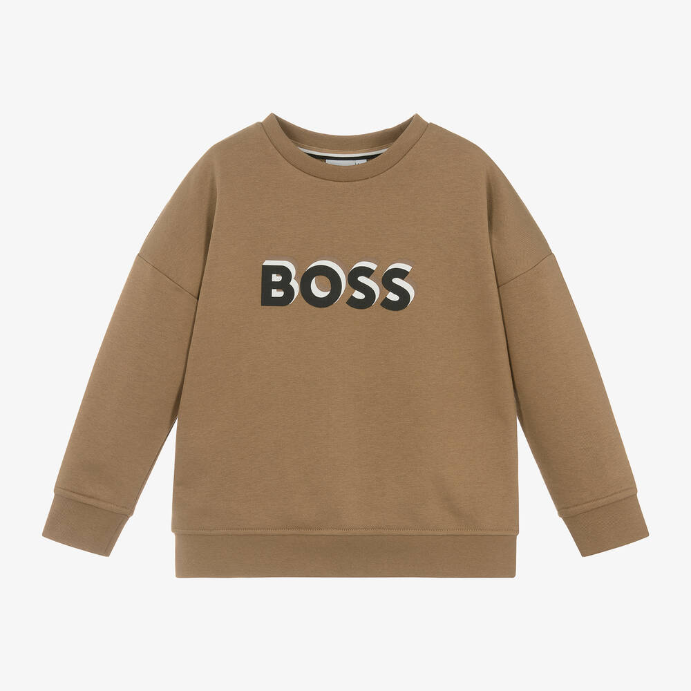 Shop Hugo Boss Boss Boys Beige Cotton Sweatshirt